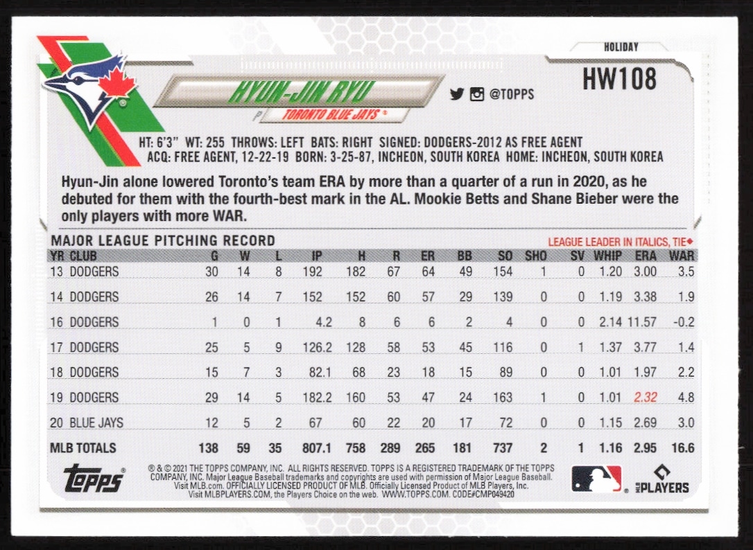 Back of 2021 Topps Holiday Hyun-Jin Ryu Card HW108, featuring stats and festive design.
