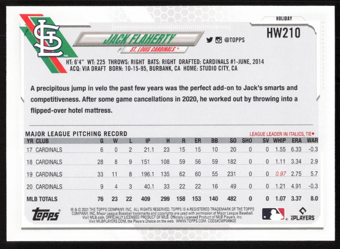 Back of 2021 Topps Holiday Jack Flaherty card with stats and holiday-themed design.