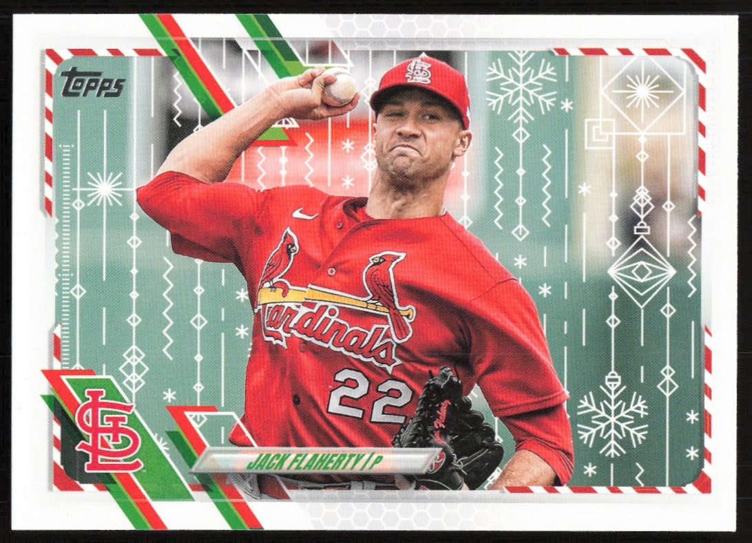 Jack Flaherty pitching, 2021 Topps Holiday Card #HW210, St. Louis Cardinals.