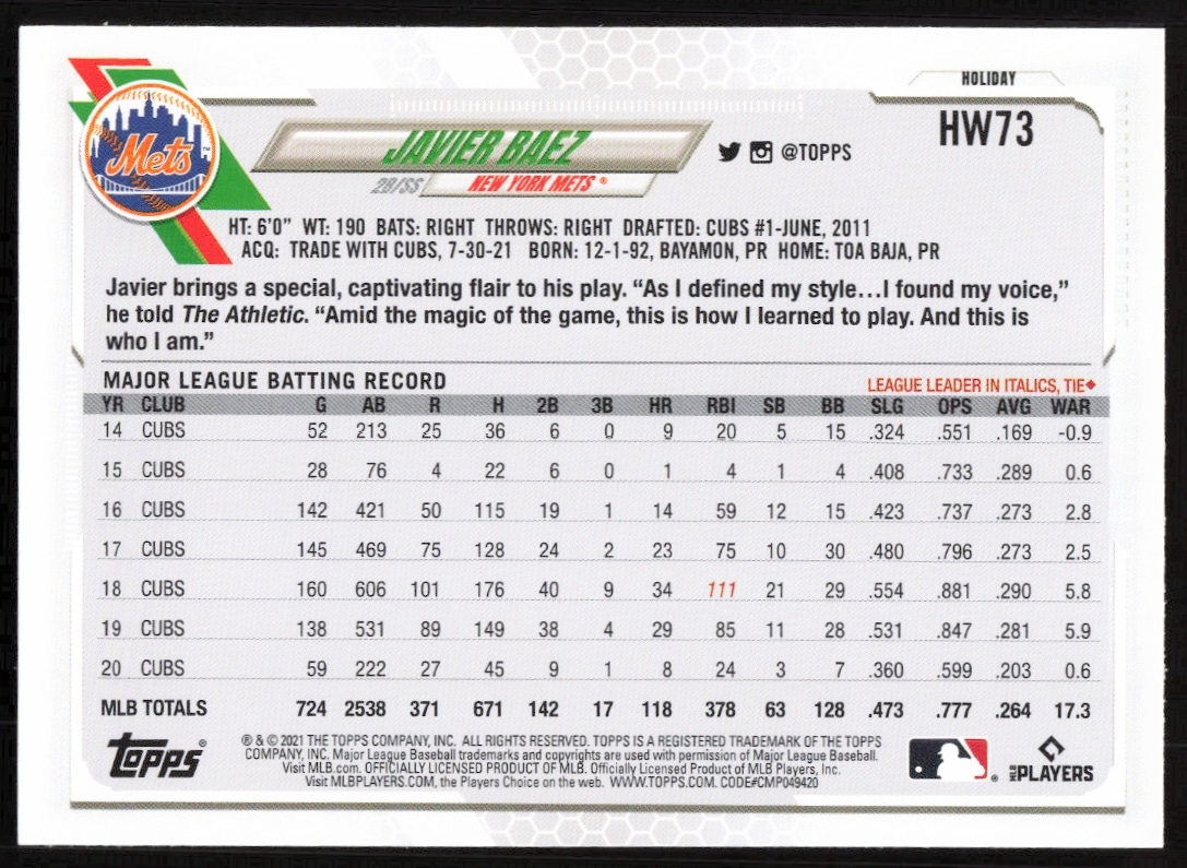 Javier Baez 2021 Topps Holiday card back, #HW73, features stats and career highlights.