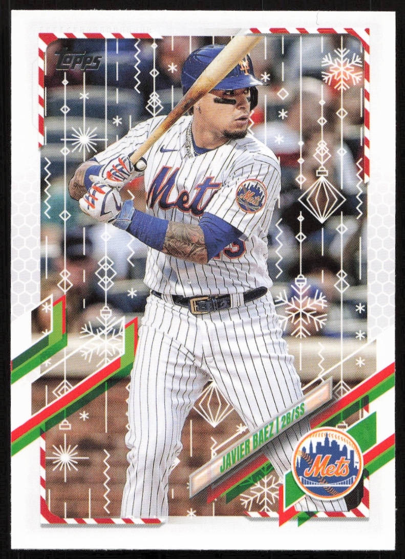 2021 Topps Holiday Card #HW73 featuring Javier Baez in action with festive graphics.