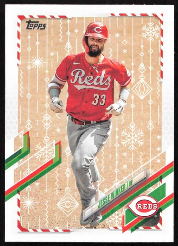 Jesse Winker 2021 Topps Holiday Baseball Card #HW44, featuring festive border design (Front).