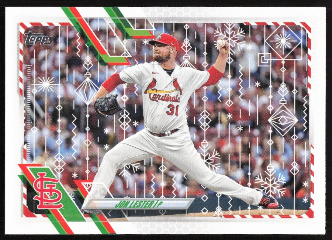 Jon Lester 2021 Topps Holiday Card #HW94 with festive baseball design.