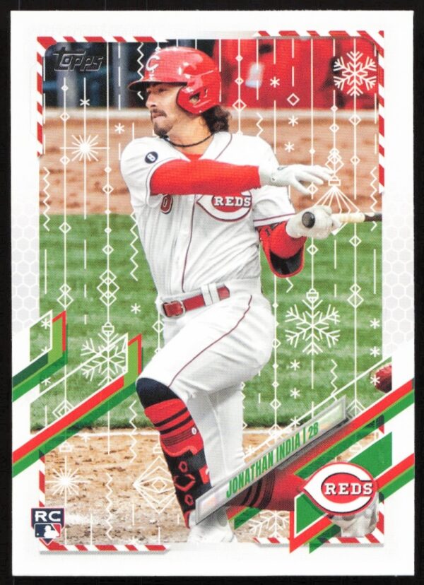 Jonathan India 2021 Topps Holiday baseball card with festive graphics, card #HW60.