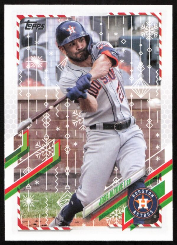 Jose Altuve 2021 Topps Holiday Card #HW37 featuring festive baseball imagery.