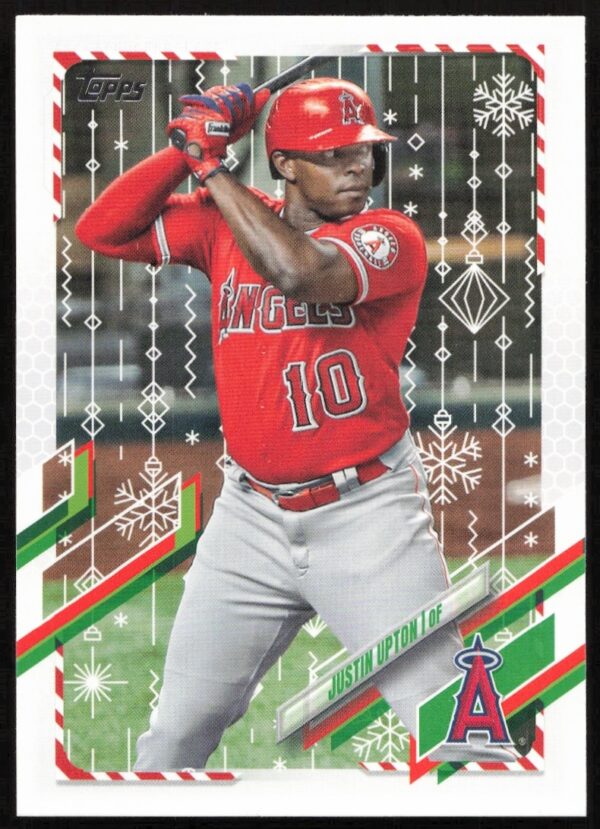 Justin Upton 2021 Topps Holiday Card #HW208 with Festive Borders (Front)
