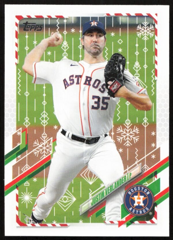 Justin Verlander 2021 Topps Holiday Card, Astros festive uniform, collectible #HW160.