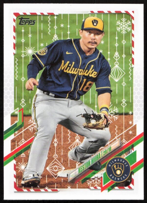 Keston Hiura 2021 Topps Holiday Card #HW21, Milwaukee Brewers Action Shot