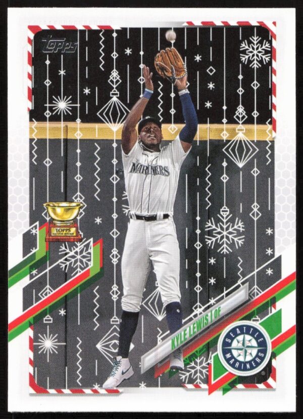 Front of Kyle Lewis 2021 Topps Holiday Baseball Card HW117, festive winter design.