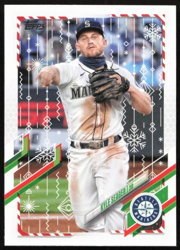 Kyle Seager 2021 Topps Holiday baseball card featuring festive design and action pose.
