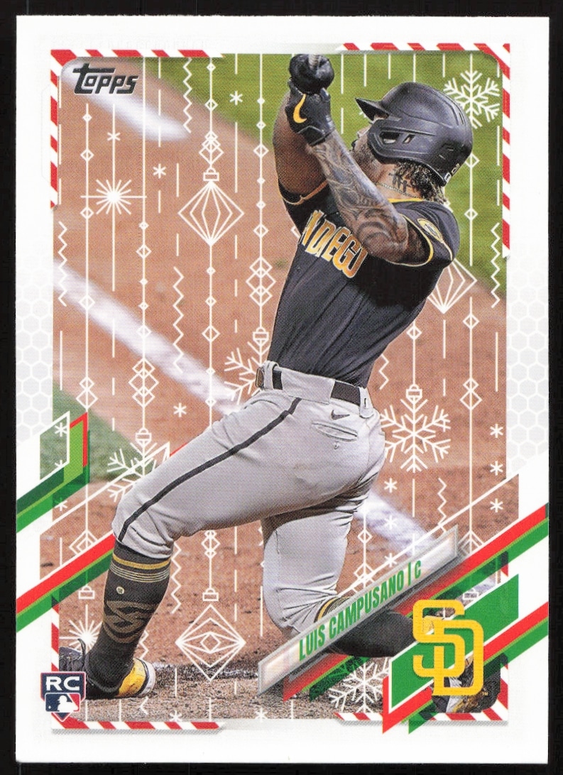 Luis Campusano 2021 Topps Holiday Card #HW149, featuring festive design and player action shot.