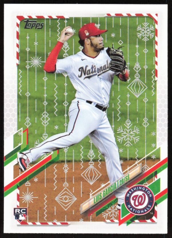 Luis Garcia 2021 Topps Holiday Baseball Card #HW216, Washington Nationals, festive design.