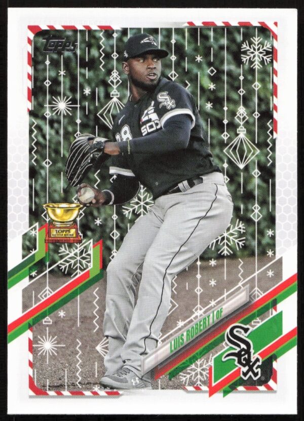 Luis Robert 2021 Topps Holiday baseball card front with festive holiday-themed design.