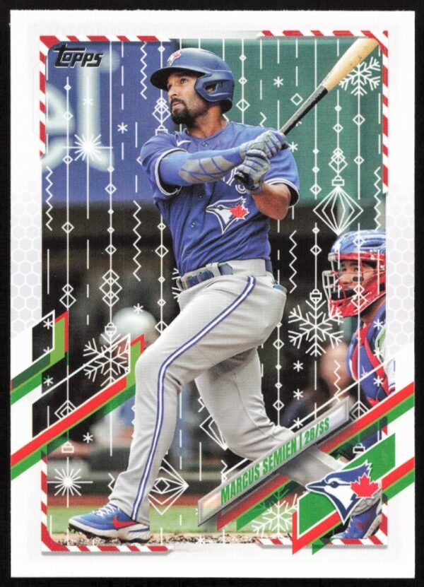 Marcus Semien 2021 Topps Holiday Card #HW211, holiday-themed collectible, vibrant baseball action image.