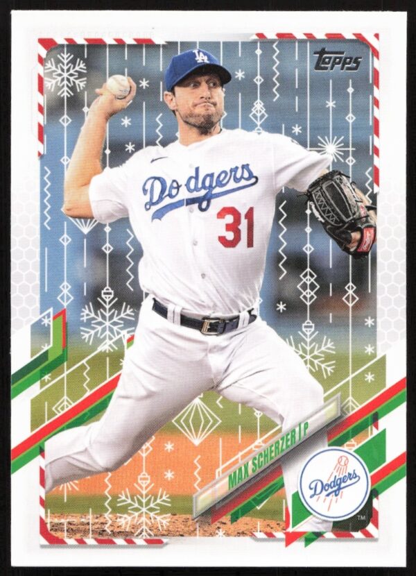 Max Scherzer 2021 Topps Holiday Card #HW171 with Festive Design (Front).