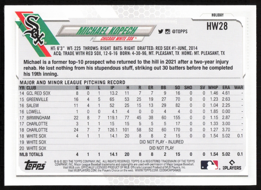 Michael Kopech 2021 Topps Holiday Card Back with stats and bio.