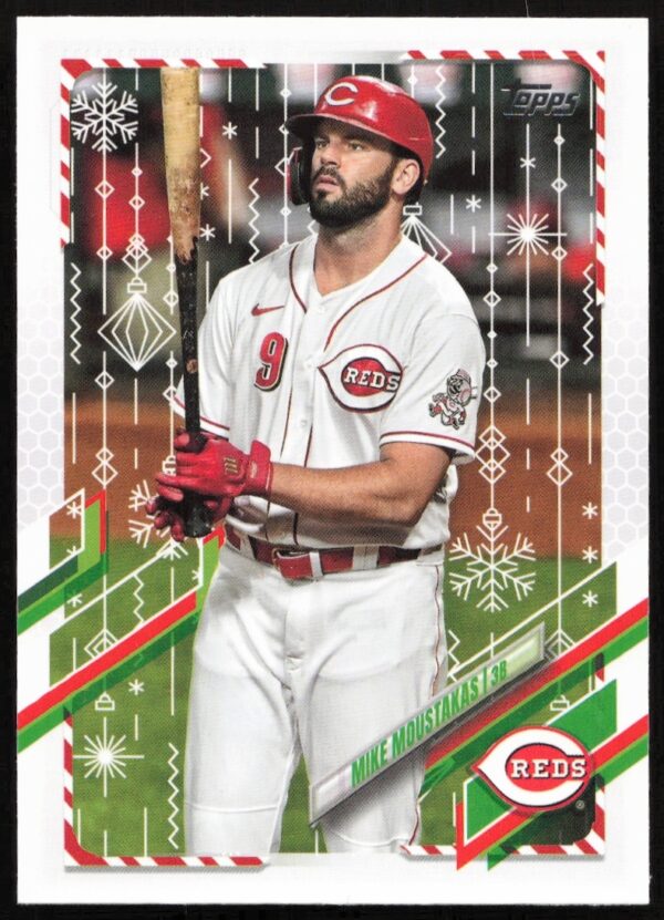 2021 Topps Holiday Mike Moustakas Baseball Card #HW123, Cincinnati Reds, festive edition.