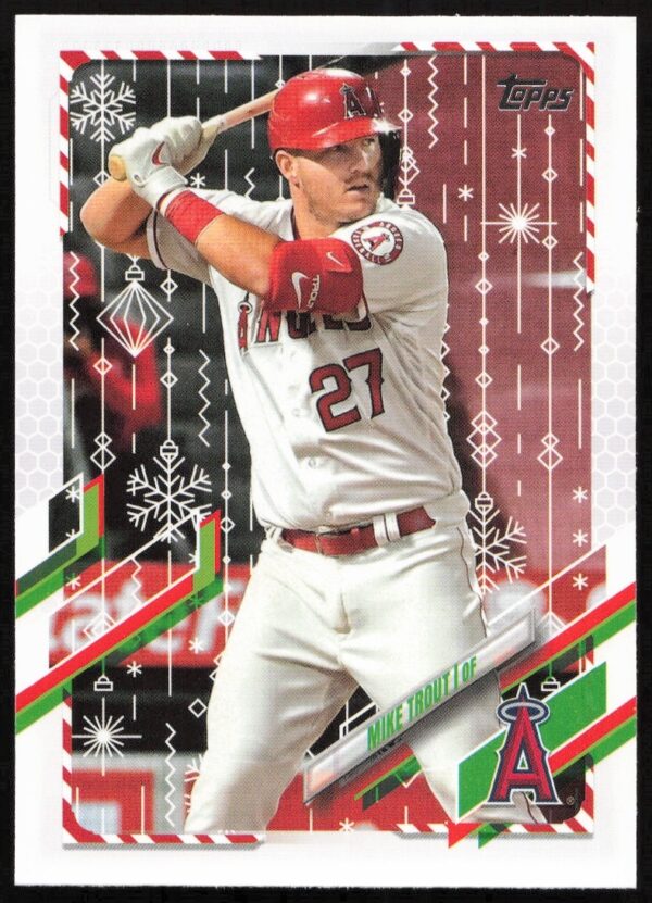 2021 Mike Trout Topps Holiday Card #HW27 featuring festive design and dynamic field pose.