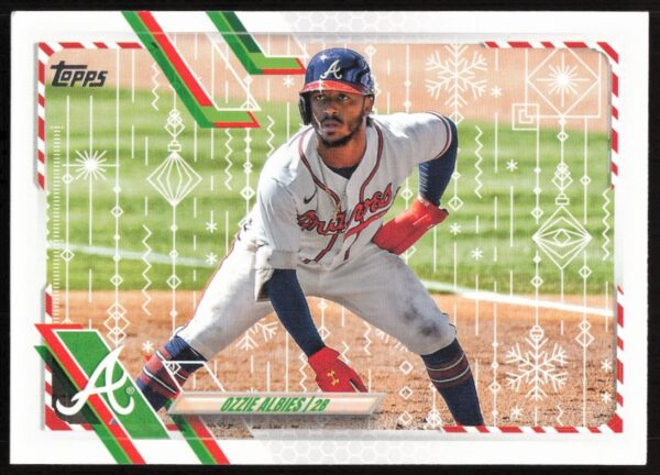 Ozzie Albies 2021 Topps Holiday Card, Atlanta Braves, Festive Design, Front View.