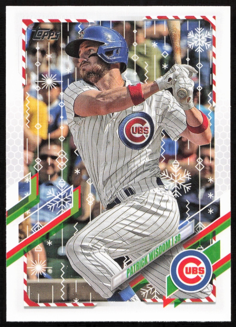 Patrick Wisdom 2021 Topps Holiday Baseball Card #HW70 Front View, Festive Design