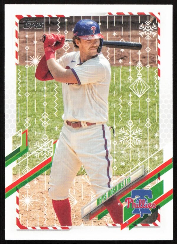 Rhys Hoskins 2021 Topps Holiday card, showcasing festive design and player action, #HW83.