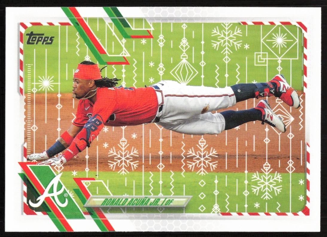 Ronald Acuña Jr. 2021 Topps Holiday card, Atlanta Braves, festive design, card #HW200 front.