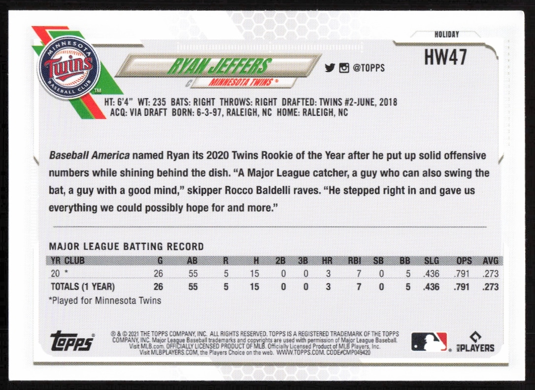 Back of 2021 Topps Holiday Ryan Jeffers card featuring stats and holiday-themed design.