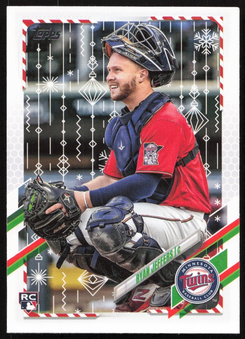 Ryan Jeffers 2021 Topps Holiday baseball card front, #HW47, Minnesota Twins, festive background.