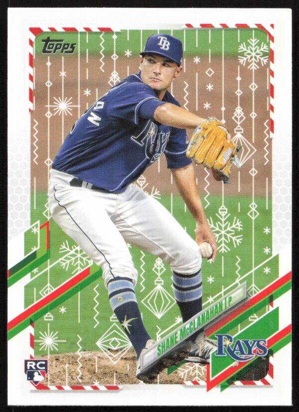 Shane McClanahan pitching, 2021 Topps Holiday Card HW165, featuring festive baseball design.