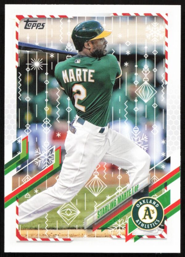 Starling Marte 2021 Topps Holiday Baseball Card #HW102 with festive design.
