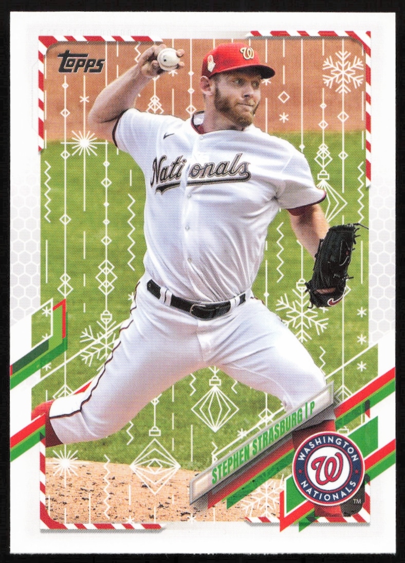 Stephen Strasburg 2021 Topps Holiday Baseball Card #HW142 with festive design elements.