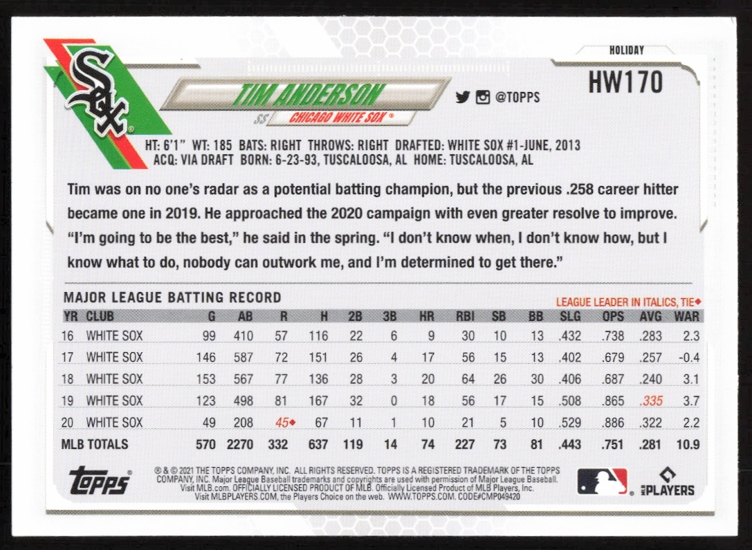 Back of 2021 Topps Holiday Tim Anderson baseball card with festive design and player stats.