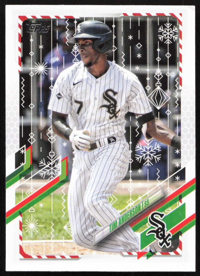 Tim Anderson 2021 Topps Holiday Card, action shot, festive design, card #HW170.