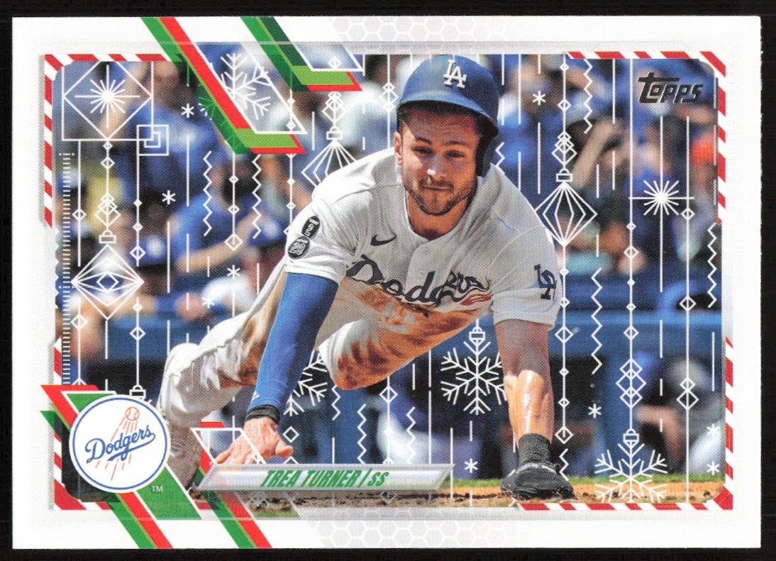 Trea Turner 2021 Topps Holiday Card HW213 Front with Festive Design and Action Shot