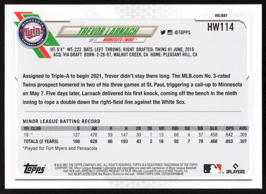 Back of 2021 Topps Holiday card for Trevor Larnach, HW114, with stats and festive graphics.