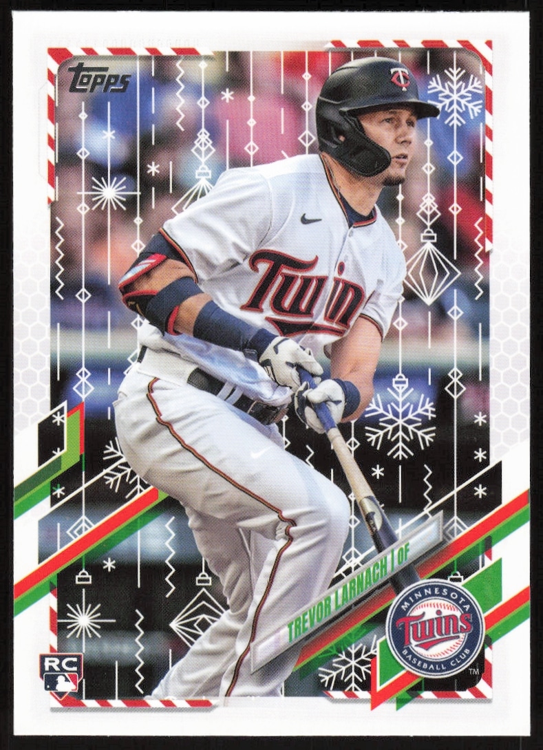 Trevor Larnach 2021 Topps Holiday Baseball Card #HW114, festive edition design.