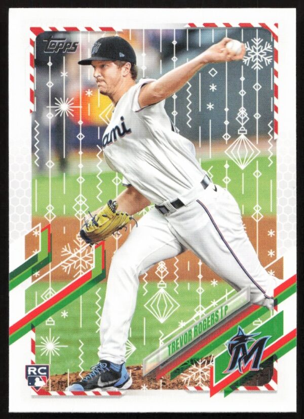 2021 Topps Holiday Trevor Rogers card #HW204, Miami Marlins pitcher on festive background (front).