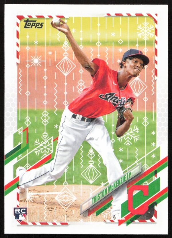 Triston McKenzie 2021 Topps Holiday Baseball Card #HW187 featuring festive design and dynamic pose.