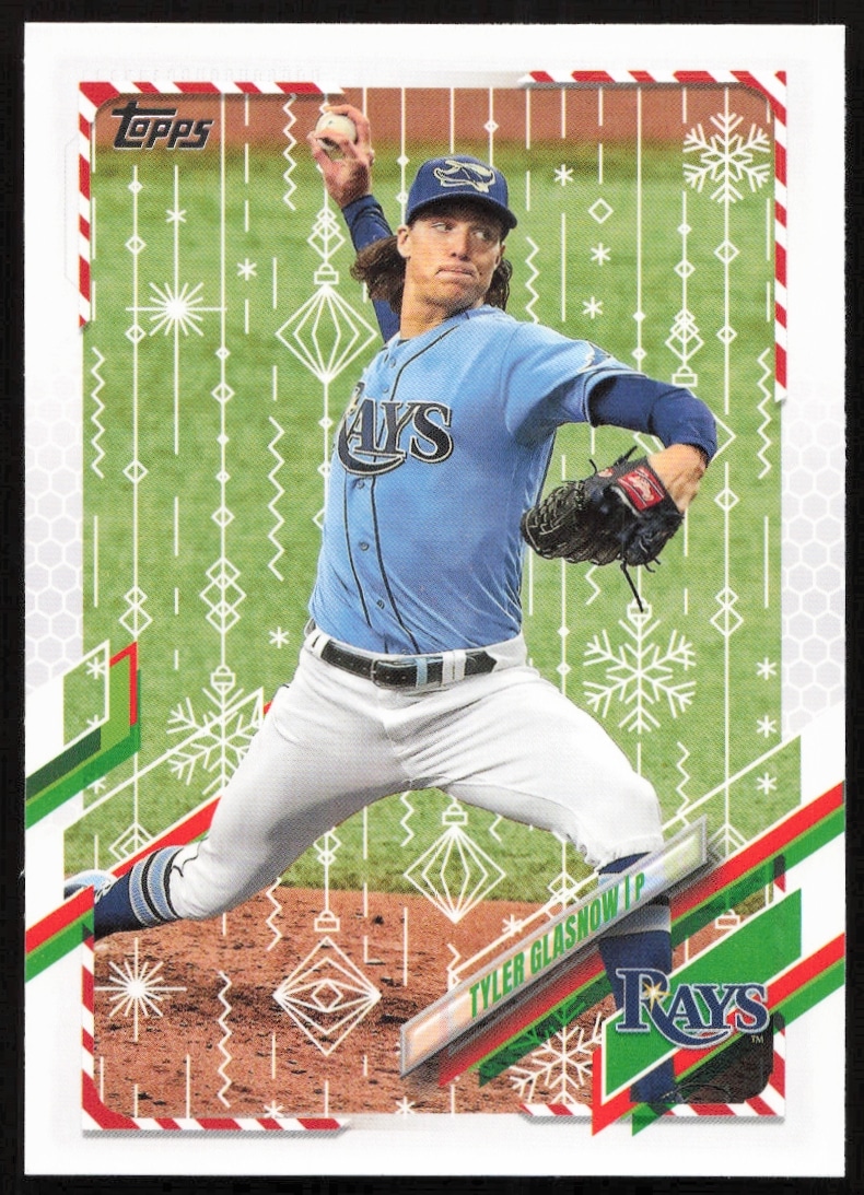 Tyler Glasnow 2021 Topps Holiday Baseball Card #HW64 featuring Tampa Bay Rays festive design.