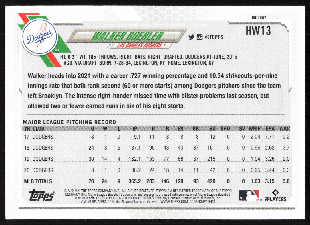 Back of Walker Buehler 2021 Topps Holiday card, #HW13, with career stats and festive design.