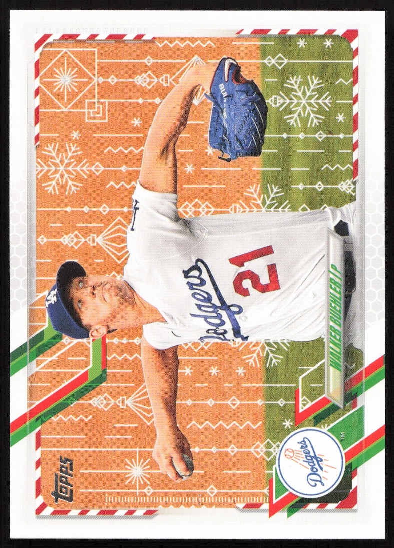 Walker Buehler pitching on 2021 Topps Holiday Baseball Card #HW13 with festive graphics.