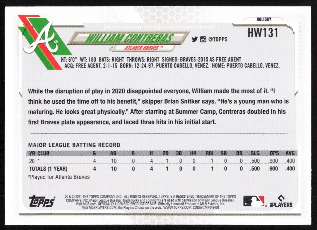 Back of 2021 Topps Holiday William Contreras card, #HW131, showcasing stats and career highlights.