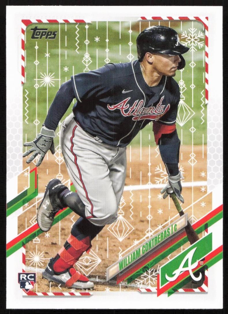 William Contreras 2021 Topps Holiday Card #HW131, Atlanta Braves, festive design, batting pose.
