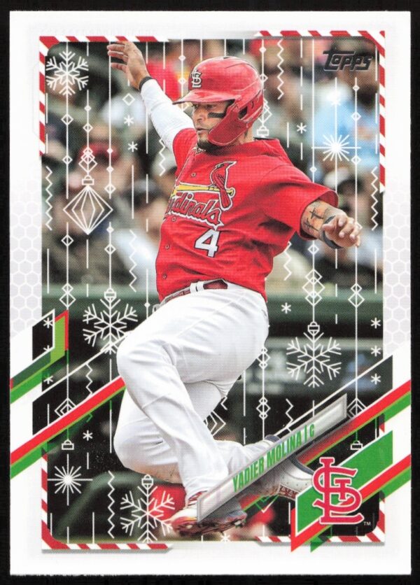Yadier Molina 2021 Topps Holiday Card HW31, St. Louis Cardinals Catcher Action Shot.