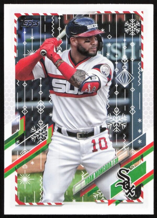 Yoan Moncada Topps Holiday 2021 Card, Chicago White Sox, festive design.
