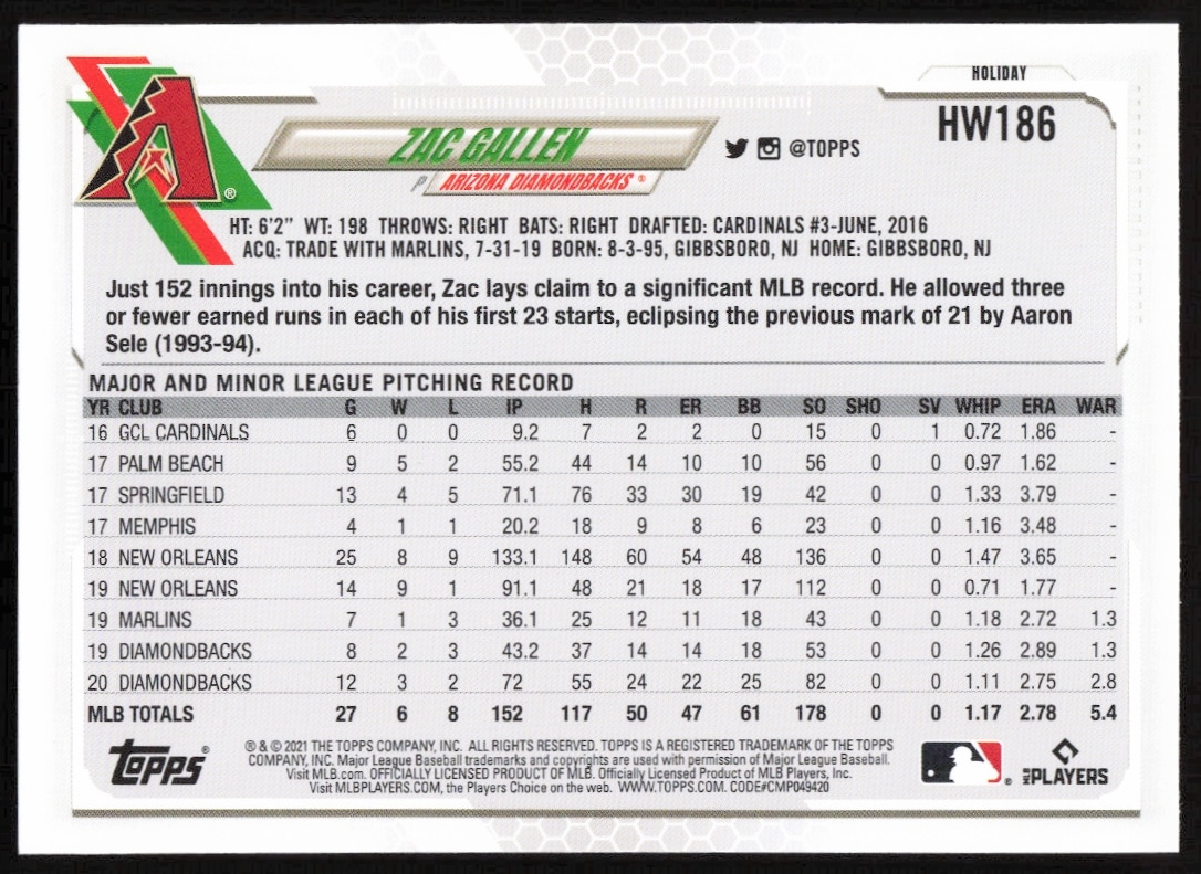 Back of 2021 Topps Holiday card featuring MLB pitcher Zac Gallen, card #HW186.