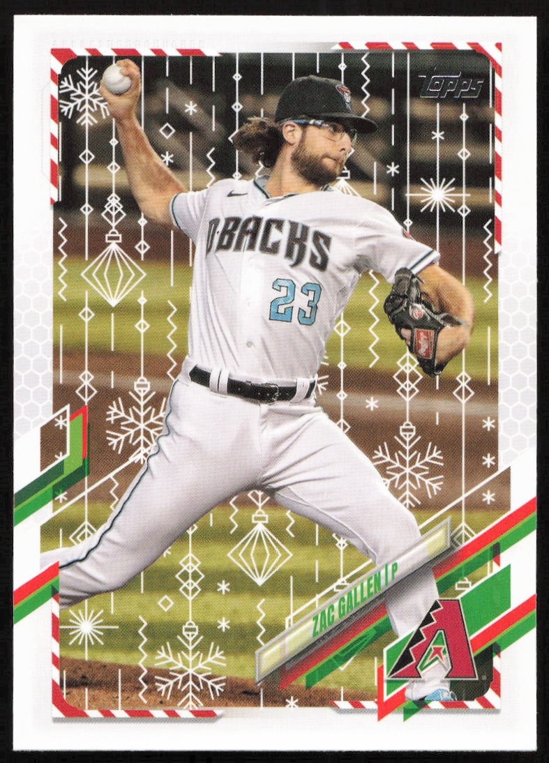 Zac Gallen 2021 Topps Holiday Card #HW186, Arizona Diamondbacks, festive design, pitcher action shot.
