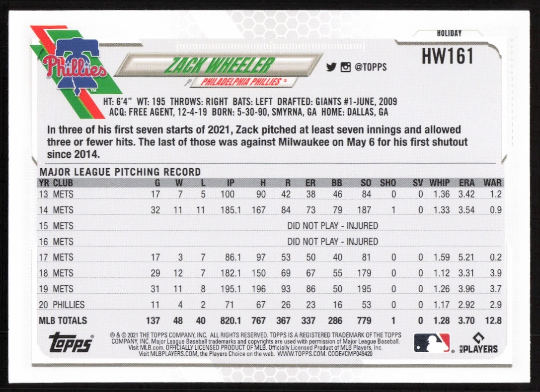 Back of Zack Wheelers 2021 Topps Holiday card with stats and holiday graphics.