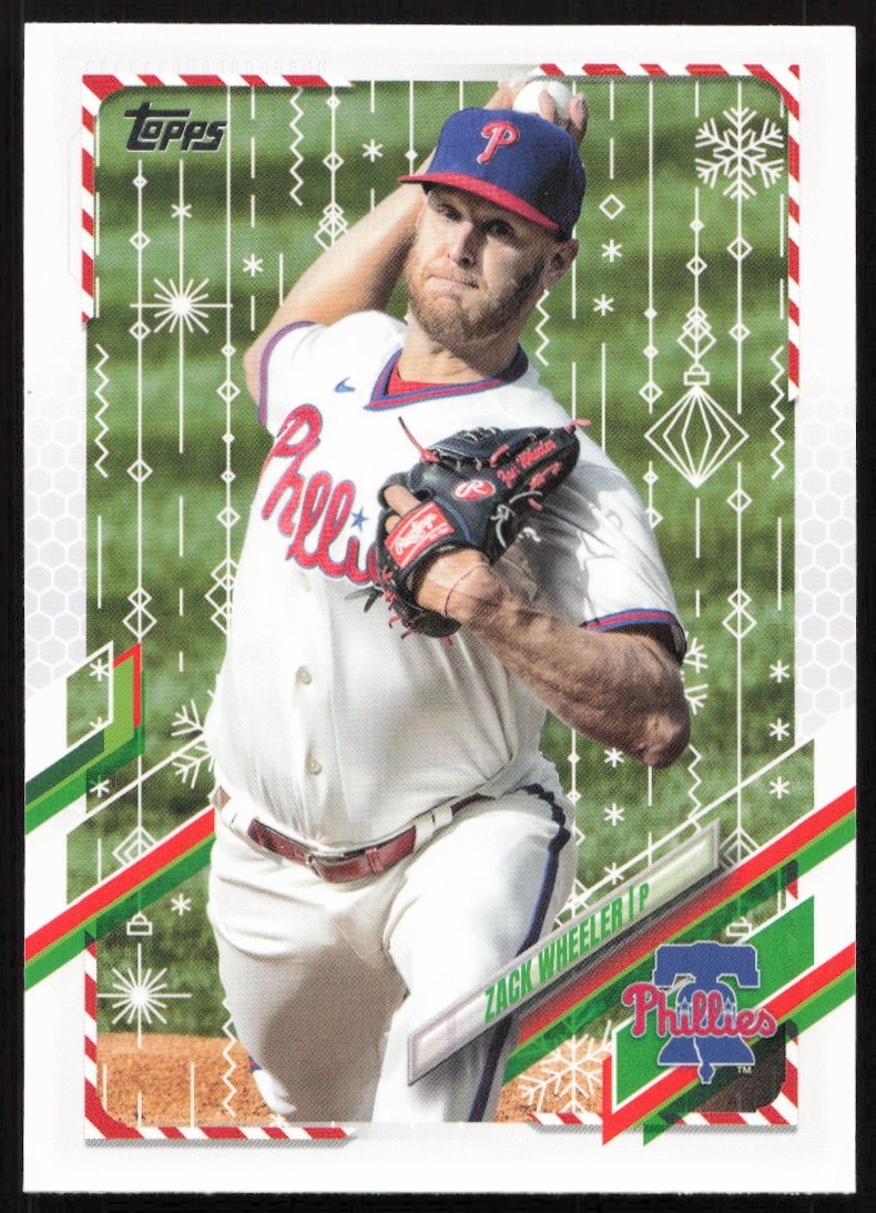Zack Wheeler 2021 Topps Holiday Card, Phillies Pitcher in Festive Seasonal Background (#HW161 Front)