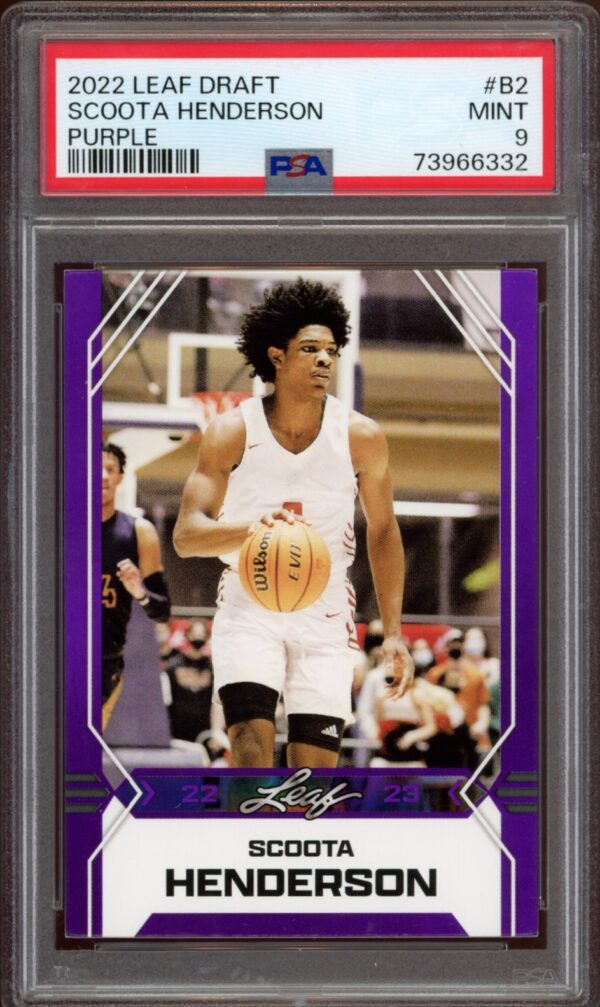 Scoota Hendersons 2022 Leaf Draft Purple basketball card, PSA-rated MINT 9.